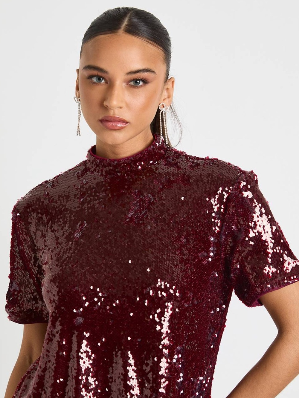 Michael Kors Fuchsia Sequin Mock Neck Short Sleeve Top